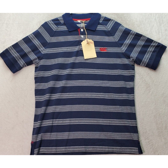 Canterbury of New Zealand Polo Shirt Men Small Navy Striped Cotton Slit Collared - Picture 1 of 9
